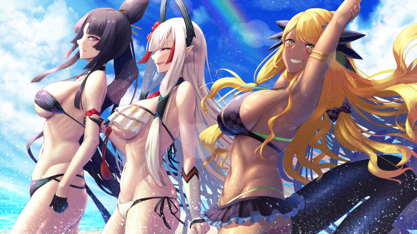 3girls, armpits, arms_up, bare_shoulders, beach, bikini, black_bikini, black_gloves