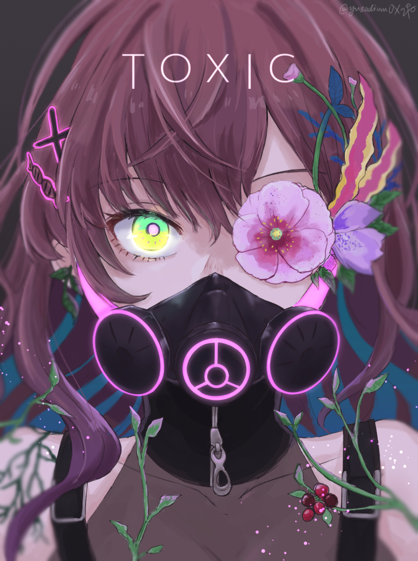 1girl, asymmetrical_eyewear, bare_shoulders, commentary_request, covered_mouth, detached_collar, flower, flower_eyepatch, gas_mask, green_hair, highres, ichinose_shiki, idolmaster, idolmaster_cinderella_girls, idolmaster_cinderella_girls_starlight_stage, looking_at_viewer, mask, multicolored_eyes, multicolored_hair, neon_trim, pine_(pineapple5459), plant, portrait, purple_hair, respirator, solo, suspenders, zipper