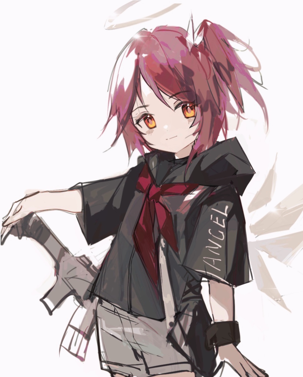 1girl, aged_down, angel, angel_wings, arknights, assault_rifle, black_hoodie, bracelet