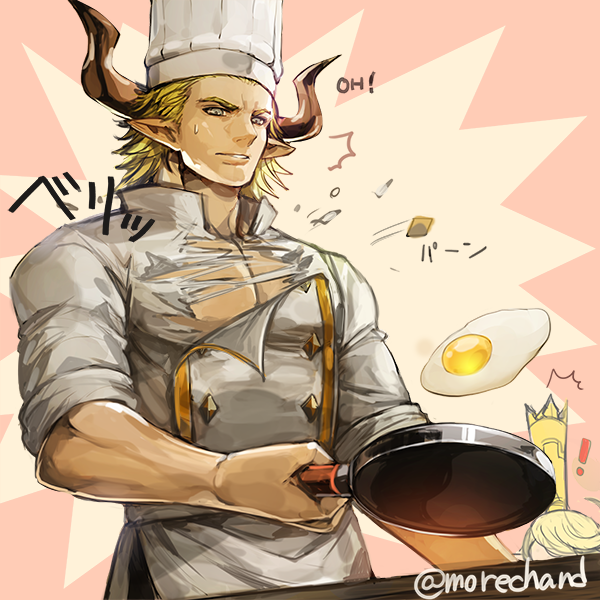 1boy, baotorda, bara, blonde_hair, character_request, chef, chef_hat, cooking