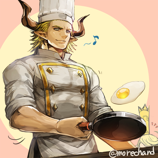 1boy, baotorda, bara, blonde_hair, character_request, chef, chef_hat, cooking