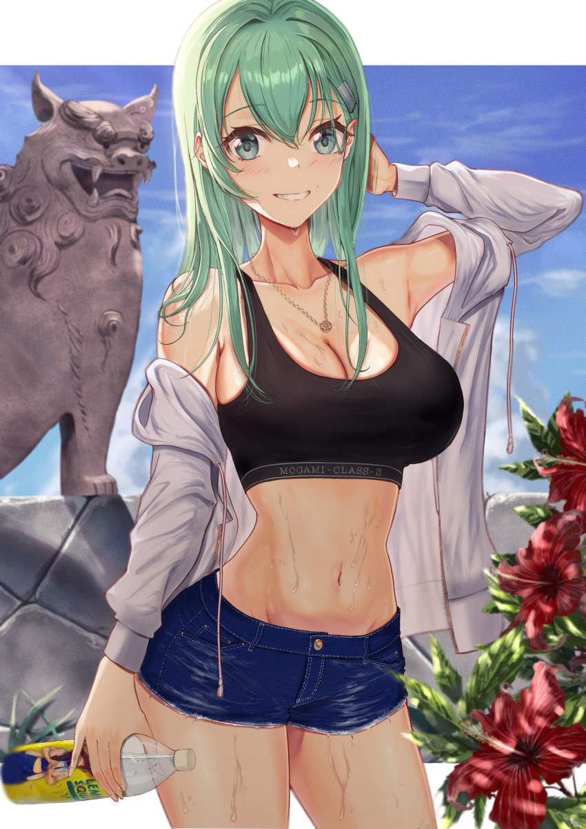 1girl, absurdres, blue_shorts, blush, bottle, breasts, cleavage, clothes_writing, collarbone, cowboy_shot, day, denim, denim_shorts, flower, green_eyes, green_hair, grin, hair_between_eyes, hair_ornament, hairclip, hibiscus, highres, holding, holding_bottle, huge_filesize, jacket, kantai_collection, large_breasts, long_hair, long_sleeves, navel, open_clothes, open_jacket, red_flower, shiisaa, short_shorts, shorts, smile, solo, statue, suzuya_(kancolle), sweat, taki_rentaro, wet, white_jacket