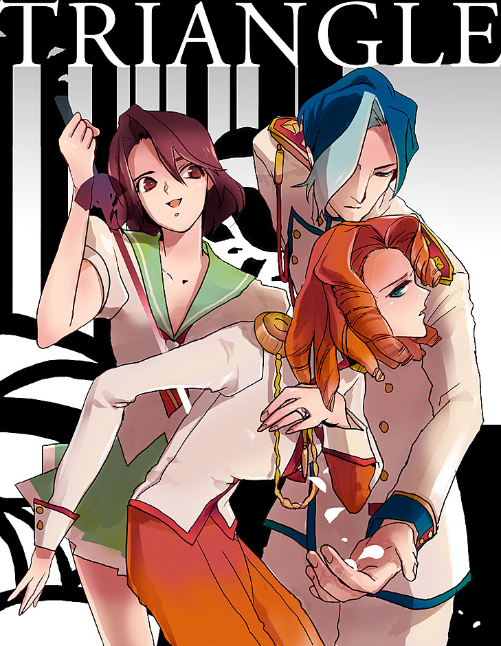 1990s_(style), 1boy, 2girls, aiguillette, arisugawa_juri, blue_hair, curly_hair, green_eyes