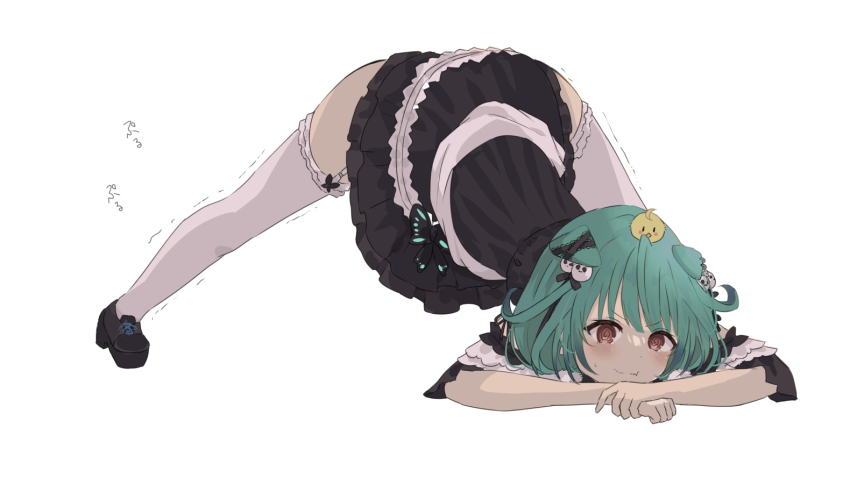 1girl, @_@, ahoge, animal, animal_ears, animal_on_head, baby_animal, bird, bird_on_head, black_dress, blush, bow, cat_ears, chick, dress, dress_bow, ear_piercing, ear_ribbon, earrings, embarrassed, extra_ears, fang, fang_out, frilled_dress, frilled_thighhighs, frills, full_body, garter_straps, green_hair, hair_ornament, hands_on_ground, hololive, jack-o'_challenge, jewelry, legs_apart, mashiro_chun, medium_hair, meme, off-shoulder_dress, off_shoulder, on_head, piercing, piyoko_(uruha_rushia), pom_pom_(clothes), pom_pom_hair_ornament, red_eyes, short_dress, short_sleeves, simple_background, skin_fang, skull_hair_ornament, solo, sweatdrop, thighhighs, top-down_bottom-up, trembling, uruha_rushia, uruha_rushia_(3rd_costume), virtual_youtuber, wavy_mouth, white_background, white_garter_straps, white_thighhighs
