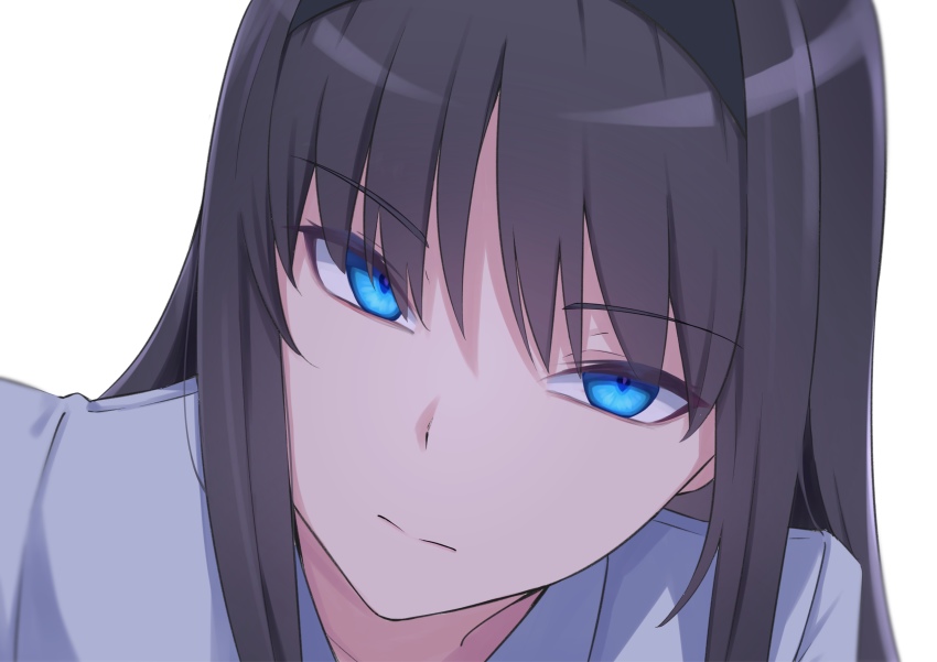 1girl, absurdres, black_hair, black_hairband, blue_eyes, close-up, closed_mouth, commentary_request, eyeliner, frown, hairband, head_tilt, highres, kuro_chibe, leaning_forward, looking_at_viewer, makeup, portrait, shirt, sidelocks, simple_background, solo, tohno_akiha, tsukihime, tsukihime_(remake), tsurime, white_background, white_shirt
