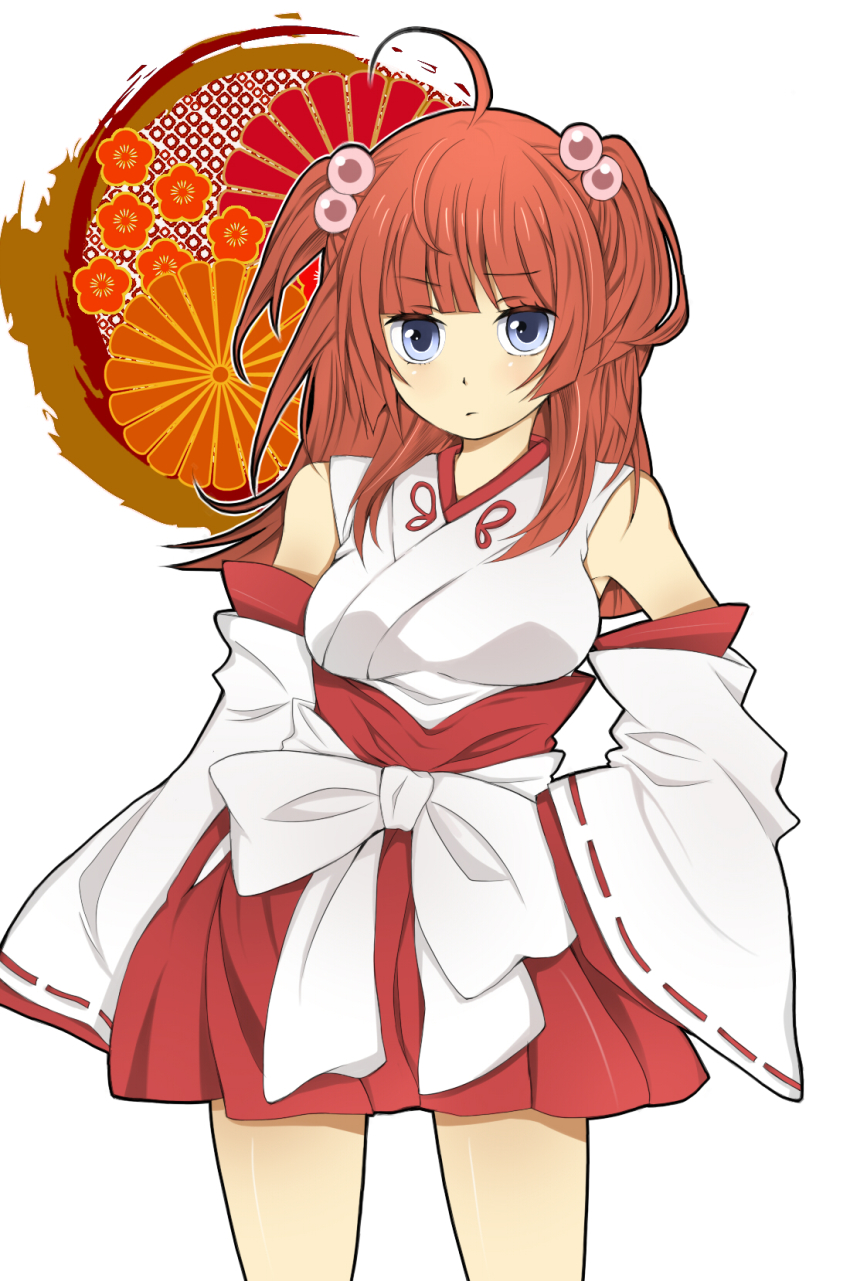 00s, 1girl, ahoge, alternate_costume, bad_id, bad_pixiv_id, blue_eyes, breasts, female_focus, hair_bobbles, hair_ornament, highres, melt_(artist), red_hair, short_hair, solo, umineko_no_naku_koro_ni, ushiromiya_ange, white_background