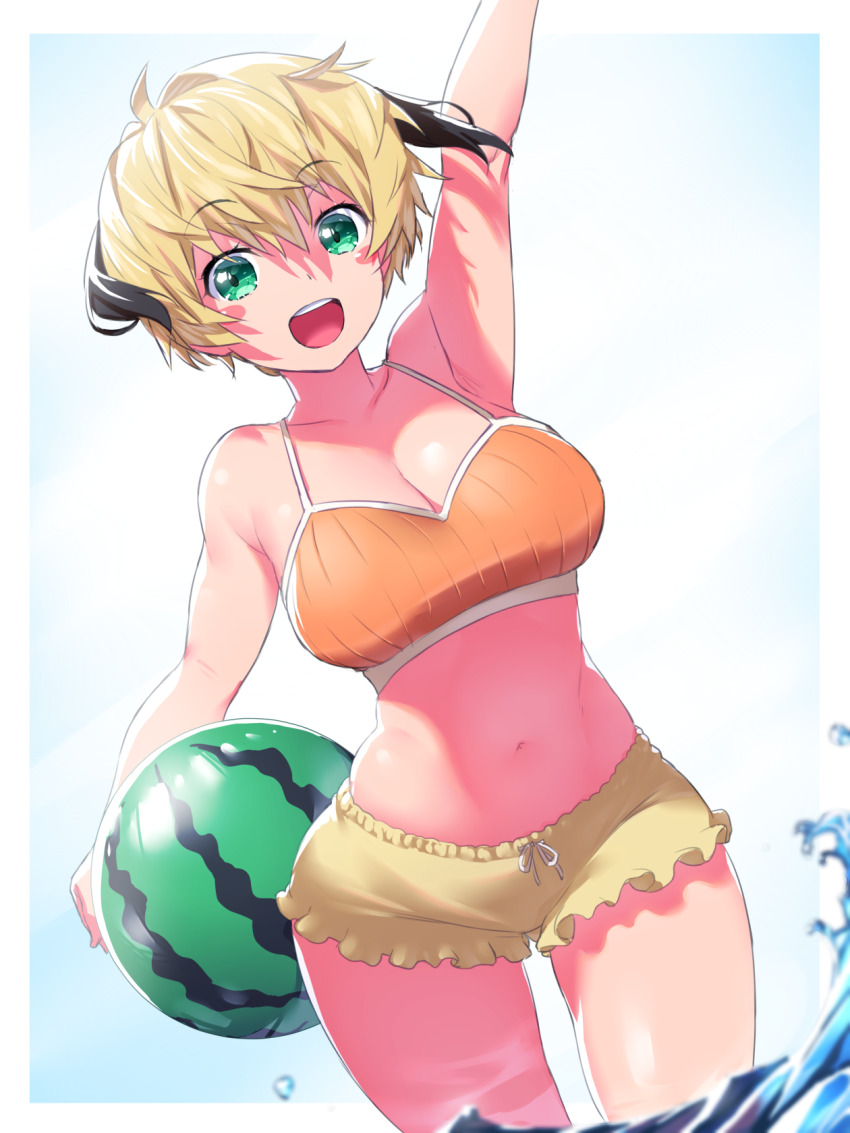 1girl, arm_up, ball, bare_shoulders, beachball, bikini, blonde_hair, blush
