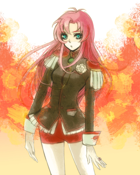 1990s_(style), epaulettes, flower, green_eyes, jewelry, long_hair, pink_hair, retro_artstyle