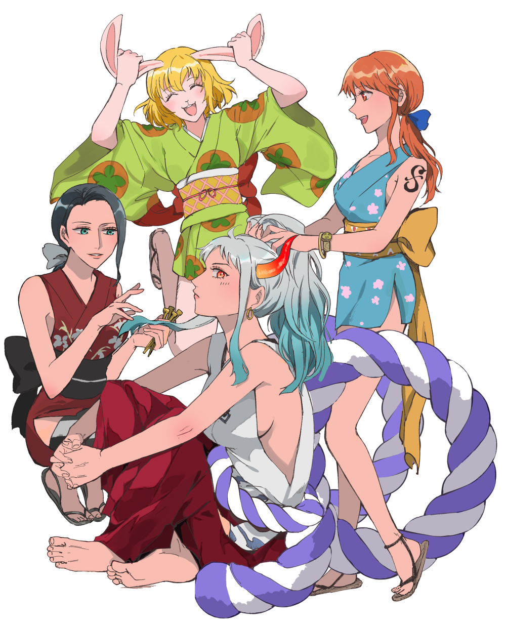 4girls, ^_^, akmn, animal_nose, aqua_eyes, arms_up, bad_id, bad_pixiv_id