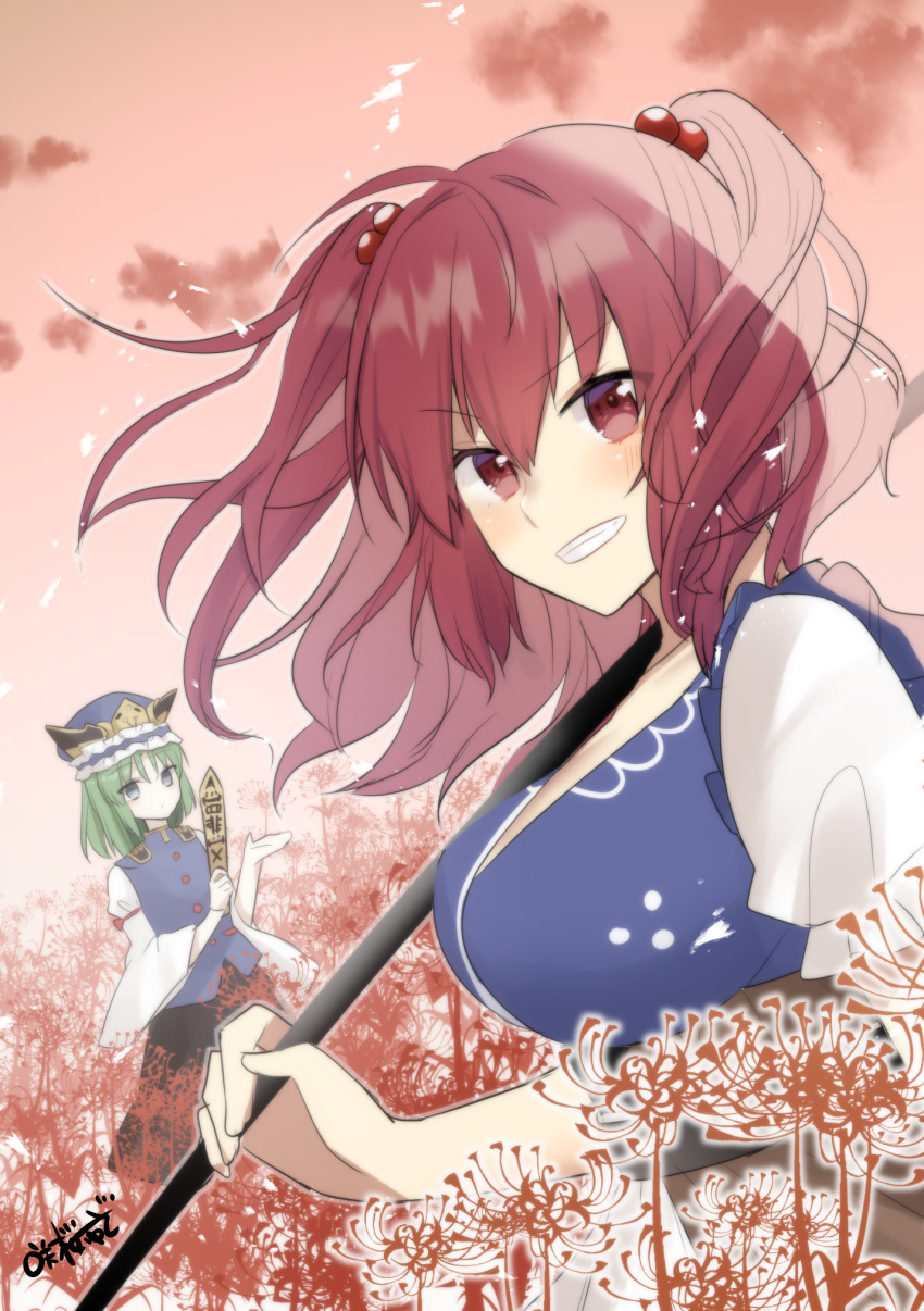 2girls, black_sash, blouse, blue_eyes, blue_kimono, blue_vest, blush, breasts