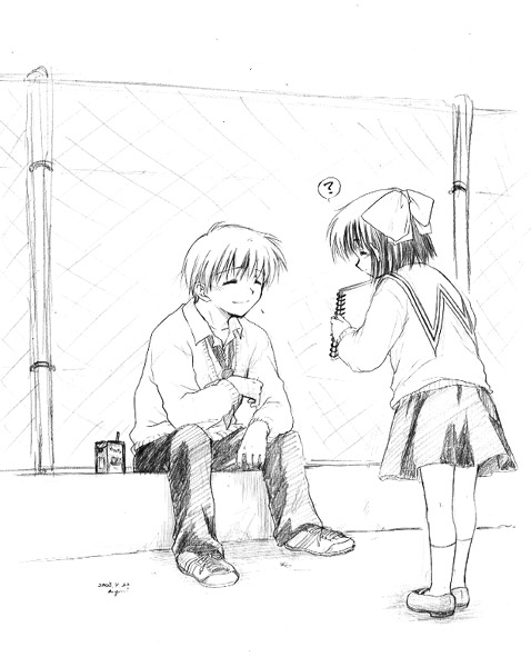 00s, 1boy, 1girl, greyscale, kouzuki_mio, monochrome, one_-_kagayaku_kisetsu_e, orihara_kouhei