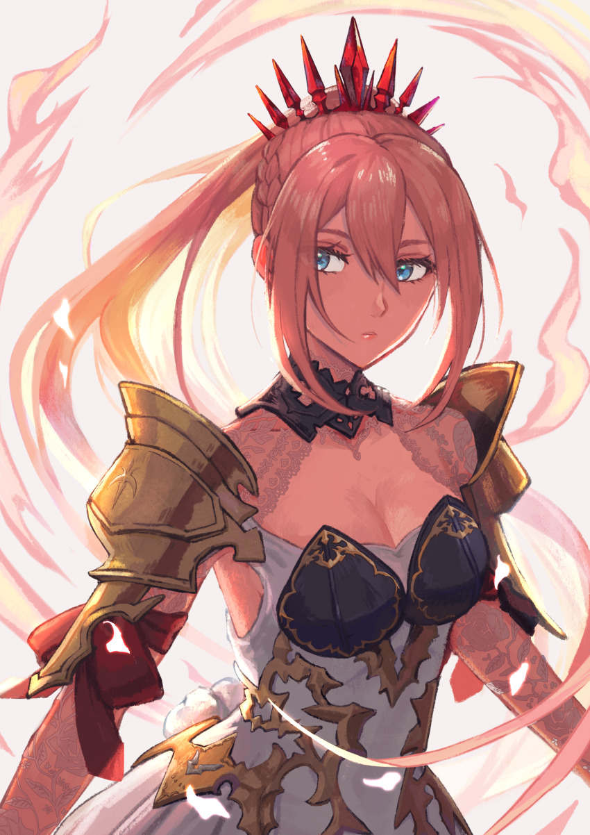 1girl, absurdres, armor, blue_eyes, braid, breasts, cleavage, closed_mouth, dress, hair_between_eyes, highres, lace, lace_sleeves, long_hair, looking_at_viewer, magic, medium_breasts, pink_hair, plate_armor, ponytail, shionne_(tales), shoulder_armor, side_braid, sidelocks, solo, suyansuya, tales_of_(series), tales_of_arise, very_long_hair, white_background, white_dress