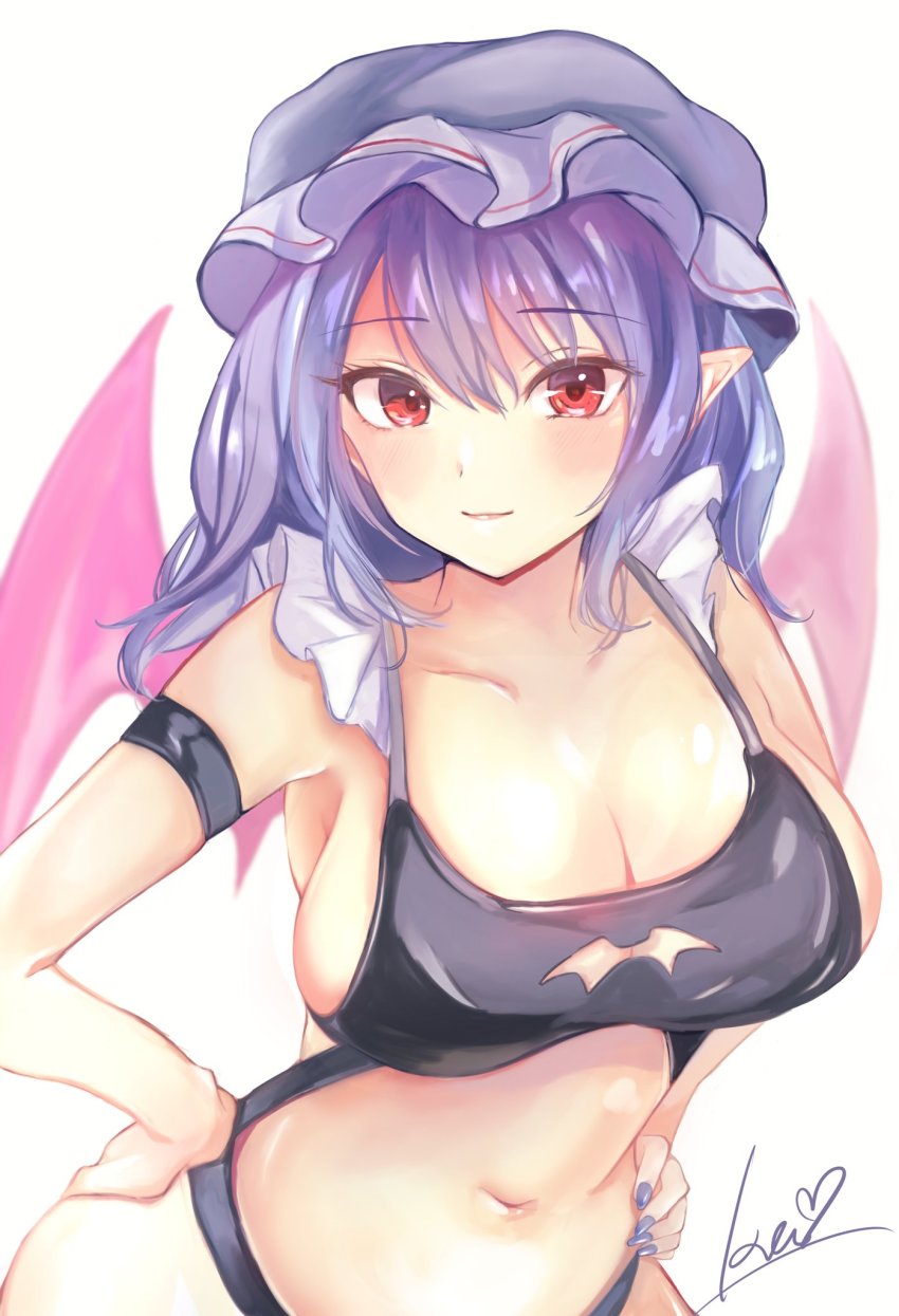 aged_up, alternate_breast_size_(larger), armband, armpit_peek, bat_wings, blush, breasts, cismlyri, cleavage, closed_mouth, commentary_request, contrapposto, hair_between_eyes, hands_on_own_hips, hat, highres, large_breasts, light_smile, long_hair, looking_at_viewer, mob_cap, navel, pointy_ears, purple_hair, purple_hat, red_eyes, remilia_scarlet, sideboob, signature, solo, touhou, upper_body, wings