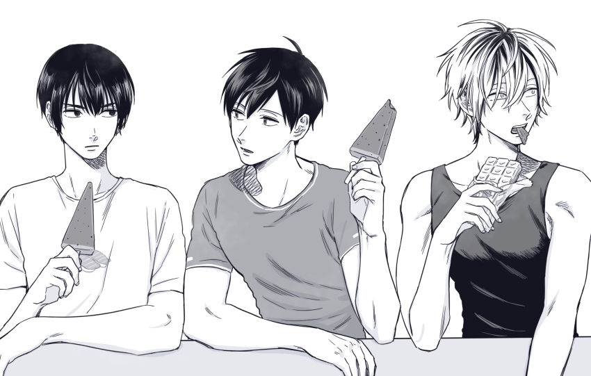 3boys, black_hair, eating, elbows_on_table, food, highres, holding, holding_food