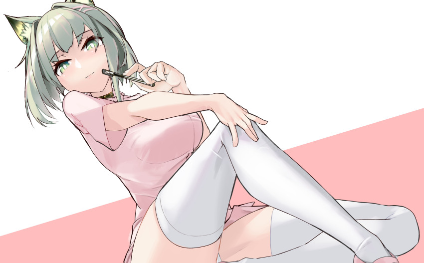 1girl, animal_ear_fluff, animal_ears, aoi_lavender, arknights, black_collar, breasts, cat_ears, collar, commentary_request, dress, green_eyes, green_hair, highres, kal'tsit_(arknights), knee_up, looking_at_viewer, nurse, panties, pen_to_mouth, pink_background, pink_dress, pink_shoes, shoes, short_hair, simple_background, sitting, solo, thighhighs, two-tone_background, underwear, white_background, white_panties, white_thighhighs
