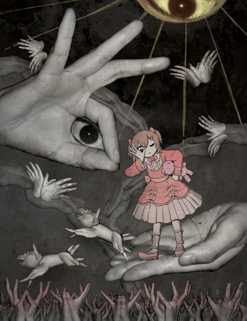 1girl, absurdres, avogado6, back_bow, black_background, black_ribbon, bow, bowtie