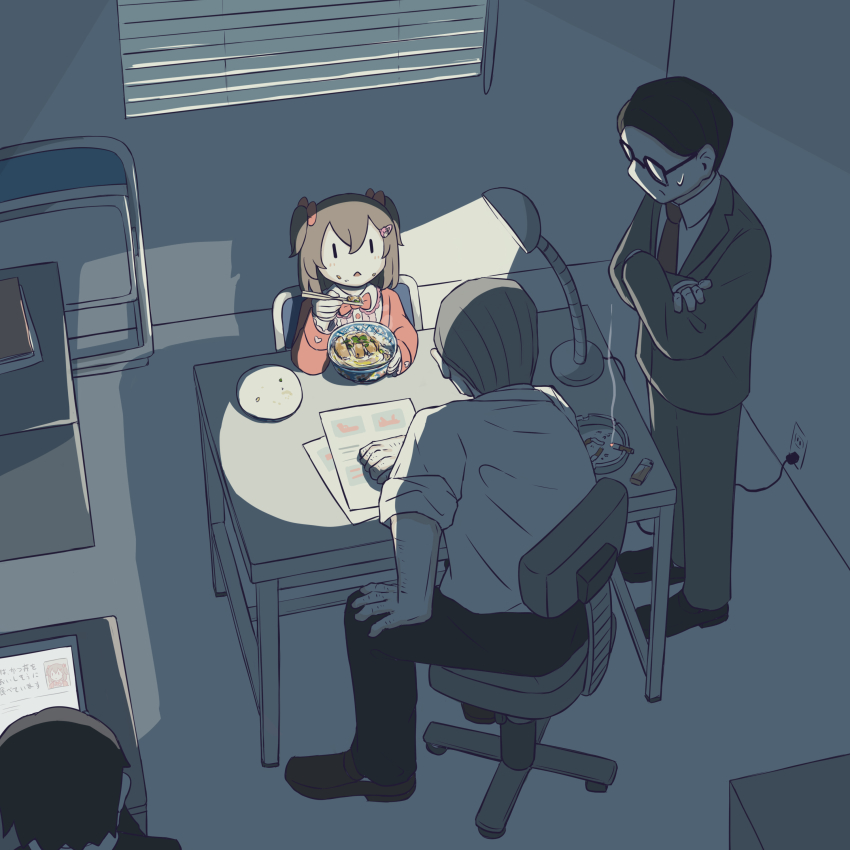 1girl, 3boys, absurdres, avogado6, black_footwear, black_hair, black_jacket, black_pants