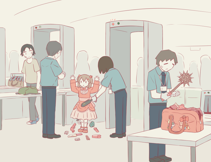2girls, 3boys, :<, absurdres, airport, aqua_neckwear, aqua_pants, arms_up, avogado6, axe, back_bow, backpack, bag, balisong, beige_shirt, black_footwear, blue_footwear, bow, bowtie, brass_knuckles, center_frills, child, closed_eyes, closed_mouth, collared_shirt, commentary, conveyor_belt, crossed_arms, crowd, dagger, dress, english_commentary, explosive, flat_color, frilled_dress, frilled_legwear, frills, gate, gloves, green_bag, green_shirt, grenade, grey_hair, gun, hair_between_eyes, hair_bow, hair_ornament, hairclip, handgun, hands_up, heart, highres, holding, holding_weapon, id_card, indoors, kawaii_girl_(avogado6), kitchen_knife, knife, lanyard, leaning_forward, light_brown_hair, long_sleeves, looking_at_another, looking_to_the_side, luggage, mace, magazine_(weapon), medium_hair, metal_detector, mixed-language_commentary, mk2_(grenade), multiple_boys, multiple_girls, necktie, open_bag, orange_bag, orange_bow, orange_dress, orange_neckwear, orange_shoes, original, pale_skin, pants, people, pinafore_dress, pink_bow, pink_shoes, romaji_commentary, shirt, shirt_tucked_in, shoes, short_hair, short_sleeves, sleeveless, sleeveless_dress, sneakers, socks, spiked_mace, spikes, standing, stuffed_animal, stuffed_toy, stun_gun, sweatdrop, table, tamagotchi, tamagotchi_(virtual_pet), teddy_bear, two_side_up, unworn_backpack, unworn_bag, virtual_pet_(toy), walking, weapon, white_gloves, white_legwear, white_shirt, |_|