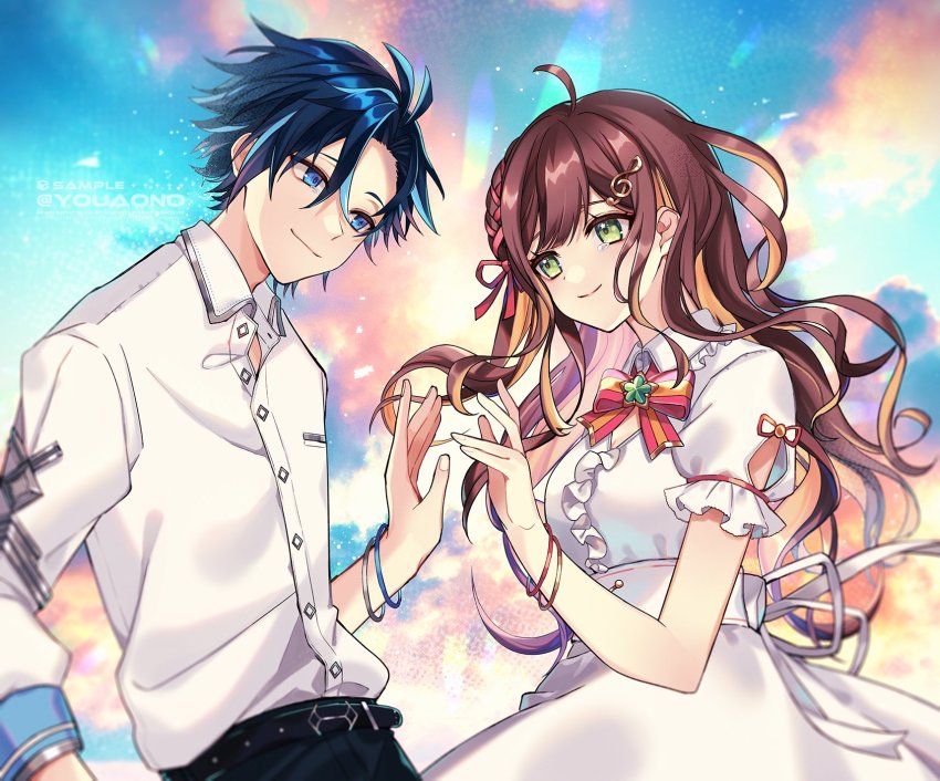 1boy, 1girl, aononchi, belt, black_belt, black_pants, blue_eyes, blue_hair, bow, breasts, brown_hair, collared_shirt, dark_blue_hair, dress, fortissimo, frills, green_eyes, hair_ornament, highres, indie_virtual_youtuber, issei_kai, light_blue_hair, long_hair, looking_at_viewer, medium_breasts, miori_celesta, multicolored_hair, musical_note, musical_note_hair_ornament, pants, red_bow, sample_watermark, shirt, shirt_tucked_in, smile, streaked_hair, tearing_up, treble_clef, tsunderia, virtual_youtuber, watermark, white_dress, white_shirt