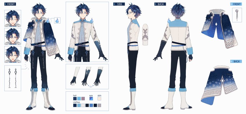 1boy, ^_^, absurdres, black_gloves, black_pants, blue_capelet, blue_eyes, blue_hair