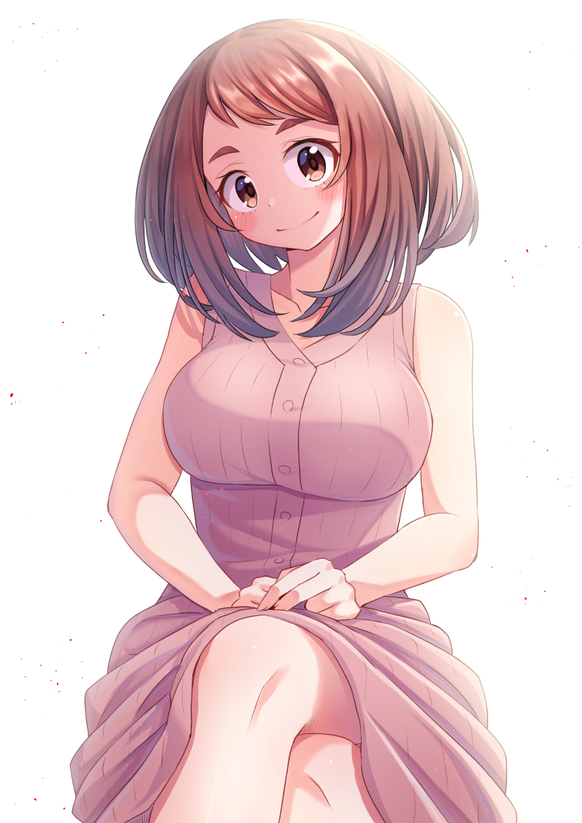 1girl, absurdres, bare_arms, bare_shoulders, blush, bob_cut, boku_no_hero_academia, breasts, brown_eyes, brown_hair, buttons, closed_mouth, daichi_(hayate1328), dress, hair_intakes, highres, knees, large_breasts, crossed_legs, pink_dress, short_hair, simple_background, sitting, sleeveless, sleeveless_dress, smile, solo, uraraka_ochako, white_background