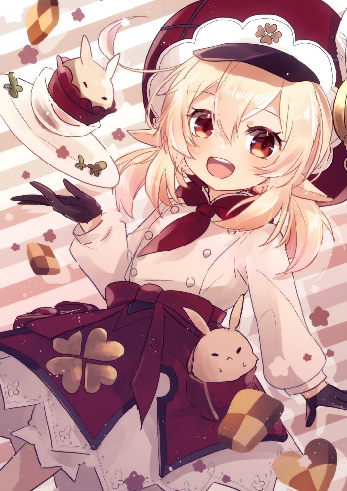 1girl, :d, ahoge, brown_gloves, newsboy_cap, chef, clover_print, commentary_request