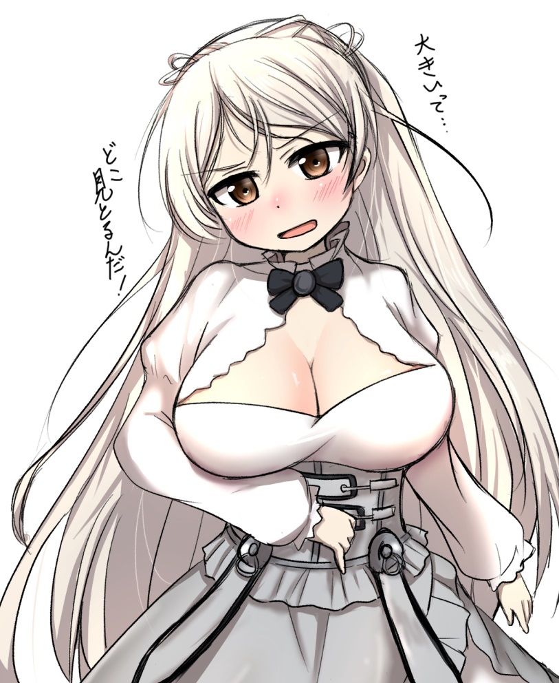 1girl, black_neckwear, blush, breasts, brown_eyes, cleavage, conte_di_cavour_(kancolle), dress, kantai_collection, large_breasts, long_hair, long_sleeves, open_mouth, rakuto89, simple_background, solo, translated, upper_body, very_long_hair, white_background, white_hair