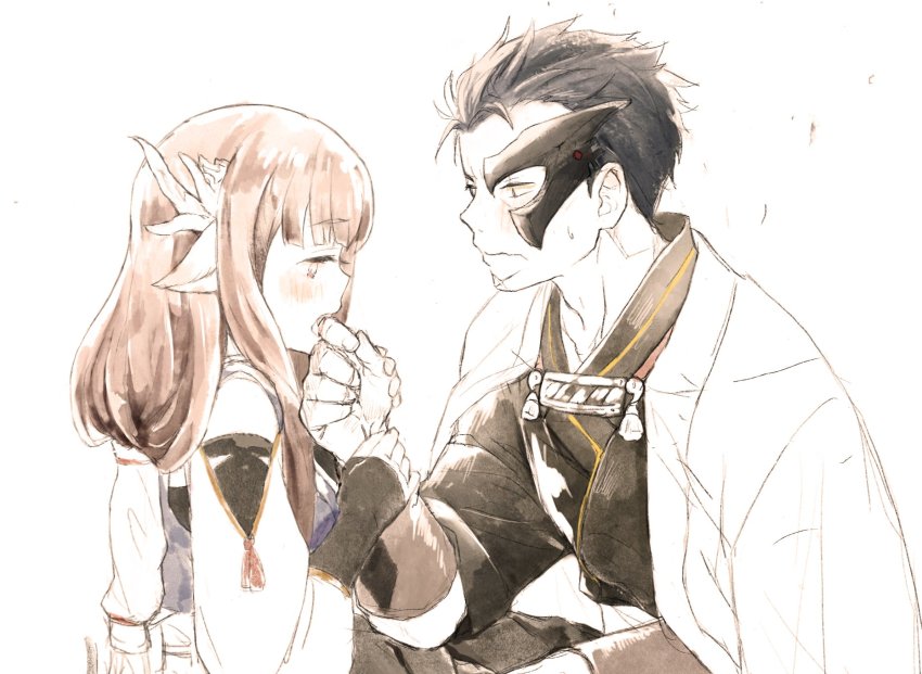 1boy, 1girl, akuta_(utawarerumono:_lost_flag), animal_ears, aquaplus, biting, black_eyes, black_hair, blood, blush, brown_eyes, brown_hair, from_side, height_difference, highres, long_hair, long_sleeves, looking_at_viewer, looking_down, marimoman, mask, minagi_(utawarerumono), open_mouth, scar, short_hair, sidelocks, sweatdrop, teeth, tongue, utawarerumono, utawarerumono:_lost_flag, very_long_hair