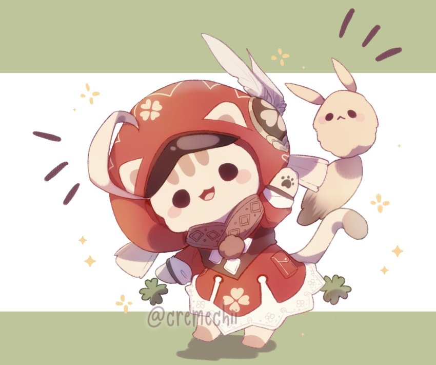 animalization, arm_up, artist_name, brown_scarf, newsboy_cap, cat, chibi, clover_print