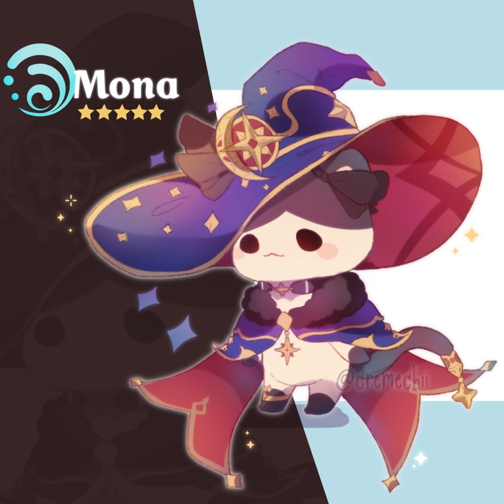 artist_name, bad_id, bad_twitter_id, cat, character_name, cremechii, fur, genshin_impact, hat, mona_(genshin_impact), no_humans, solo