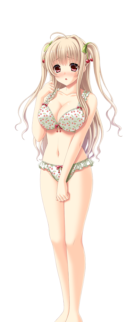 1girl, ahoge, asahina_konomi, blonde_hair, blush, bow, bow_bra, bow_panties, bra, cherry_bra, cherry_hair_ornament, cherry_panties, cherry_print, food-themed_hair_ornament, food_print, frilled_bra, frilled_panties, frills, fruit_print, hair_ornament, lingerie, long_hair, matching_underwear, open_mouth, panties, print_bra, print_panties, red_eyes, solo, toriko_no_(series), toriko_no_kusari, twintails, underwear, v-shaped_eyebrows, very_long_hair, white_bra, white_panties
