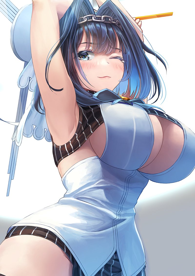 1girl, armpits, arms_up, blue_eyes, blue_hair, blush, bow, bowtie