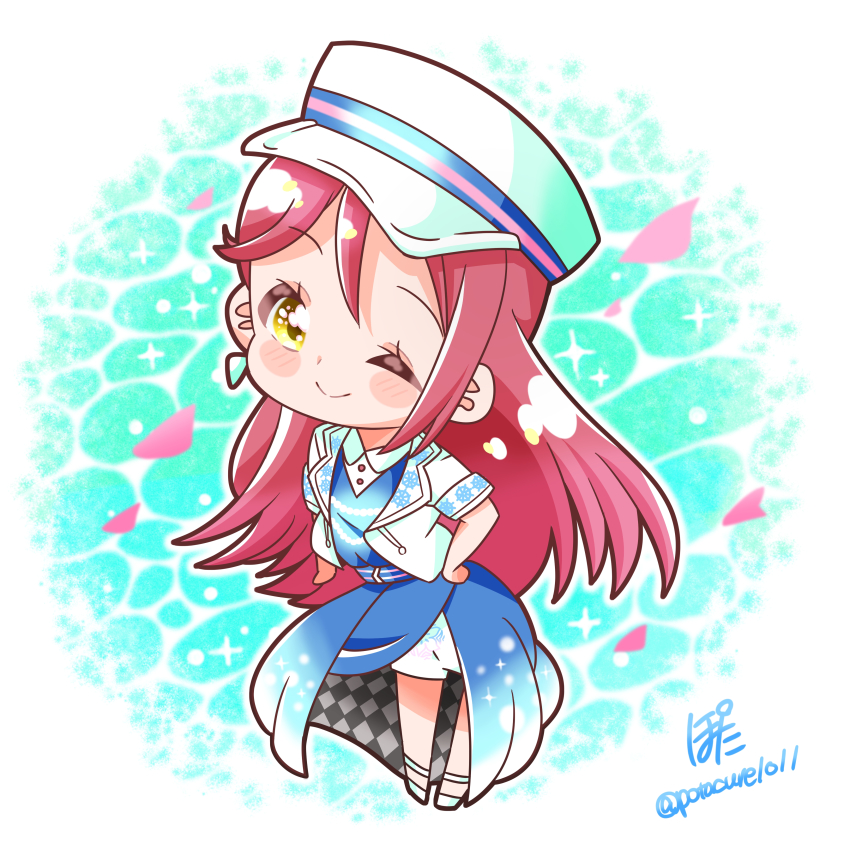 1girl, ;), absurdres, artist_name, artist_request, bare_legs, belt, blue_belt