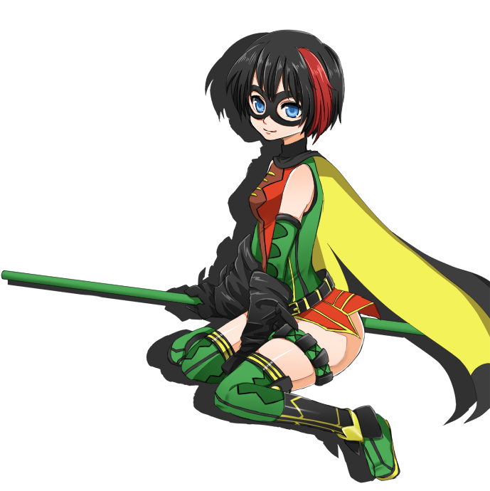 1girl, ame-comi, animification, batman_(series), belt, blue_eyes, boots, cape