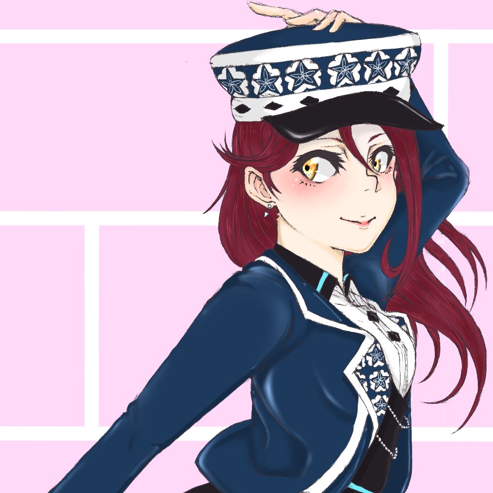 1girl, adjusting_clothes, adjusting_headwear, artist_name, artist_request, black_shirt, blue_hat, blue_jacket