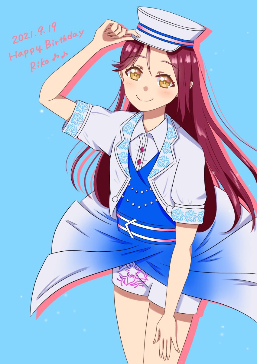 1girl, adjusting_clothes, adjusting_headwear, aqua_background, artist_name, artist_request, bare_legs, belt