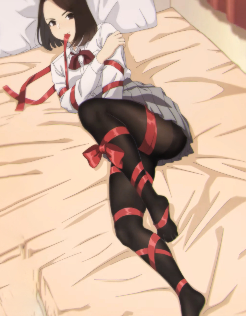 1girl, absurdres, aikawa_ren, anime_screenshot, arm_over_shoulder, bed, blazer, bound
