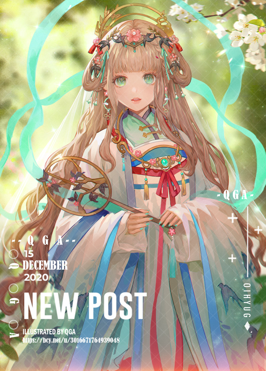 1girl, absurdres, aqua_nails, blonde_hair, blunt_bangs, brown_hair, china_dress, chinese_clothes