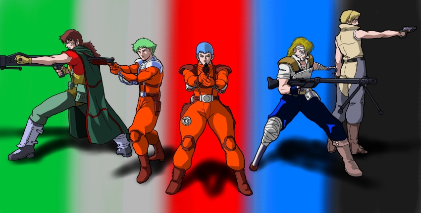 5boys, aiming, aiming_at_viewer, amputee, anti-materiel_rifle, artist_request, bandages, blonde_hair