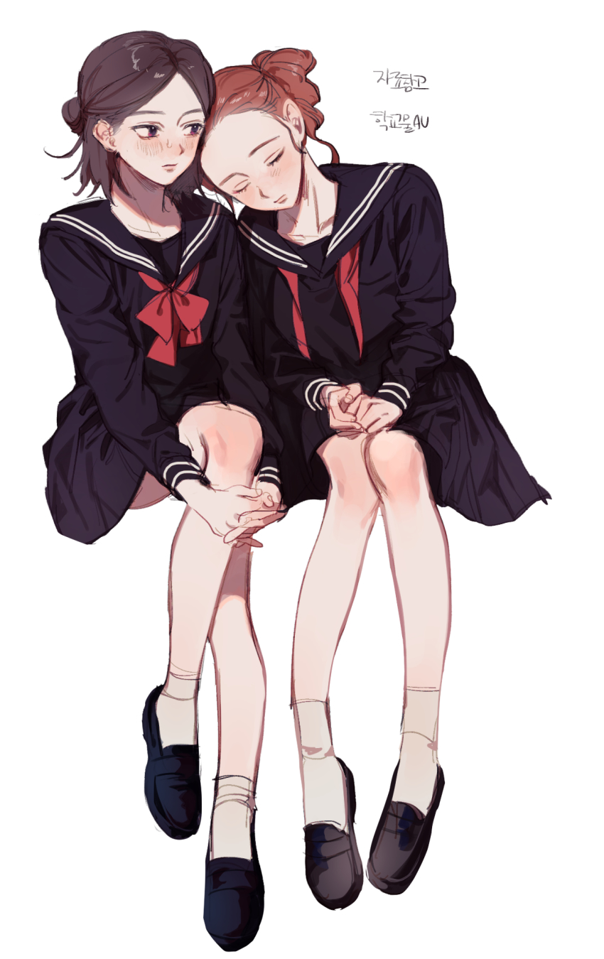 2girls, black_footwear, black_sailor_collar, black_serafuku, black_shirt, black_skirt, blush, bow