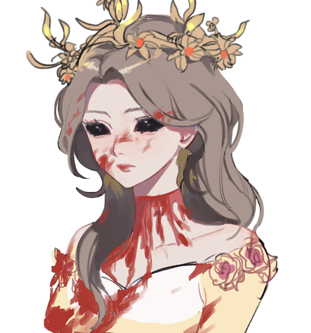 1girl, alternate_costume, black_sclera, blood, blood_on_face, closed_mouth, colored_sclera, crown
