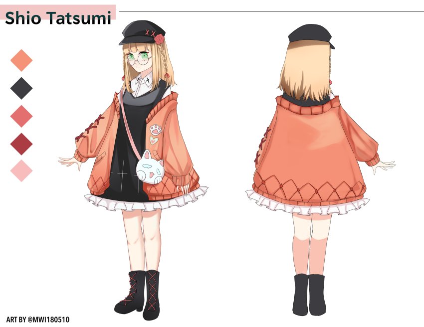 1girl, absurdres, alternate_costume, black_dress, blonde_hair, blunt_bangs, boots, braid, character_name, reference_sheet, closed_mouth, collared_shirt, concept_art, dress, eyepatch, flower, frilled_dress, frills, full_body, green_eyes, highres, indie_virtual_youtuber, long_sleeves, medical_eyepatch, medium_hair, miette_(mwi180510), puffy_long_sleeves, puffy_sleeves, red_flower, red_rose, rose, second-party_source, shio_tatsumi, shirt, side_braid, twitter_username, virtual_youtuber, white_background