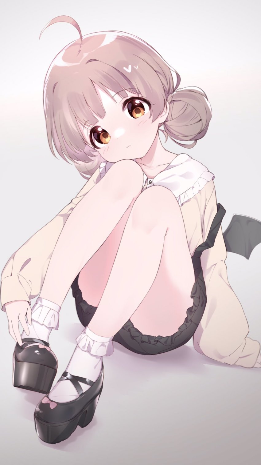 1girl, :t, ahoge, alternate_costume, alternate_hairstyle, bare_legs, beige_shirt, black_shoes, black_skirt, bobby_socks, brown_hair, collarbone, demon_wings, double_bun, full_body, hair_bun, hakozaki_serika, head_tilt, high_heels, highres, idolmaster, idolmaster_million_live!, knees_up, long_sleeves, looking_at_viewer, mary_janes, norada, platform_shoes, shoes, sitting, skirt, sleeves_past_wrists, socks, solo, suspender_skirt, suspenders, twintails, wings