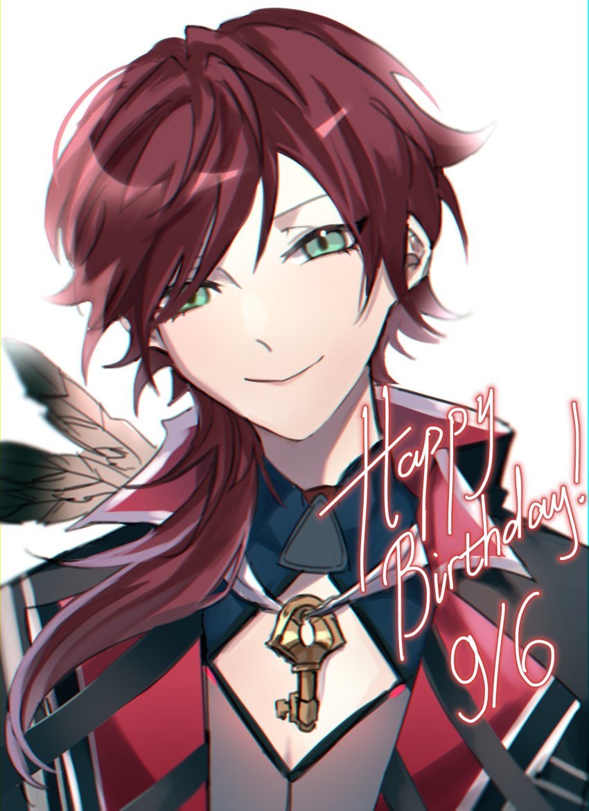 1boy, closed_mouth, collared_shirt, eyelashes, feathers, green_eyes, hair_behind_ear, happy_birthday, highres, key, lauren_iroas, lauren_iroas_(1st_costume), long_hair, looking_at_viewer, male_focus, miette_(mwi180510), nijisanji, pectoral_cleavage, pectorals, red_hair, shirt, virtual_youtuber, white_background