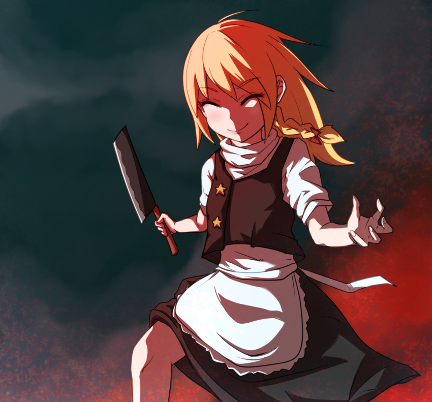 1girl, apron, black_skirt, black_vest, blonde_hair, blush, bow, braid, cleaver, closed_eyes, closed_mouth, commentary_request, cookie_(touhou), feet_out_of_frame, hair_bow, highres, holding, holding_cleaver, holding_knife, kirisame_marisa, knife, long_hair, magic:_the_gathering, missing_headwear, shirt, short_sleeves, skirt, smile, solo, star_(symbol), suzu_(cookie), tibalt, touhou, vest, waist_apron, white_shirt, yan_pai