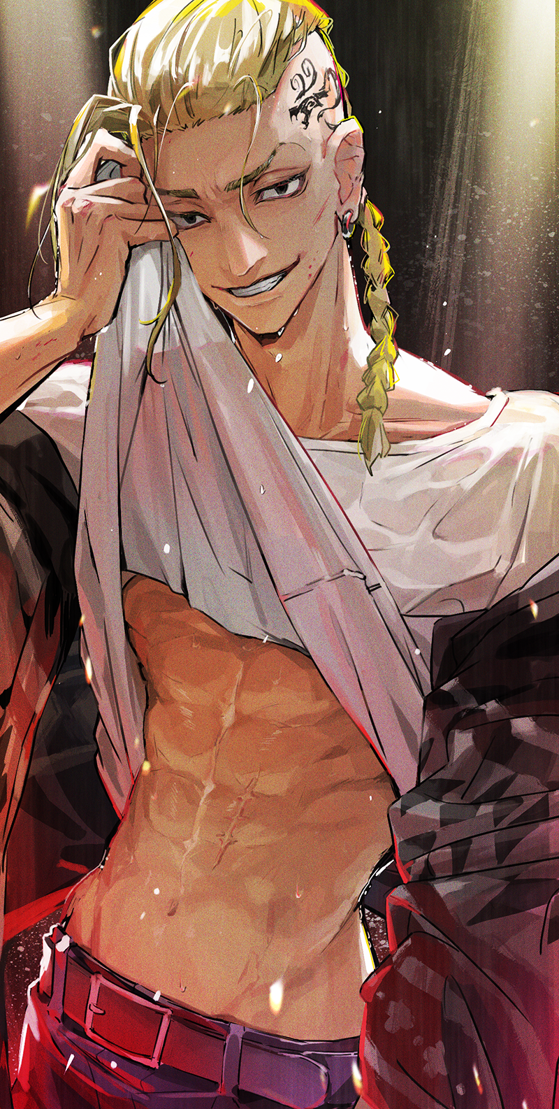 1boy, abs, belt, black_eyes, blonde_hair, braid, braided_ponytail, clothes_lift