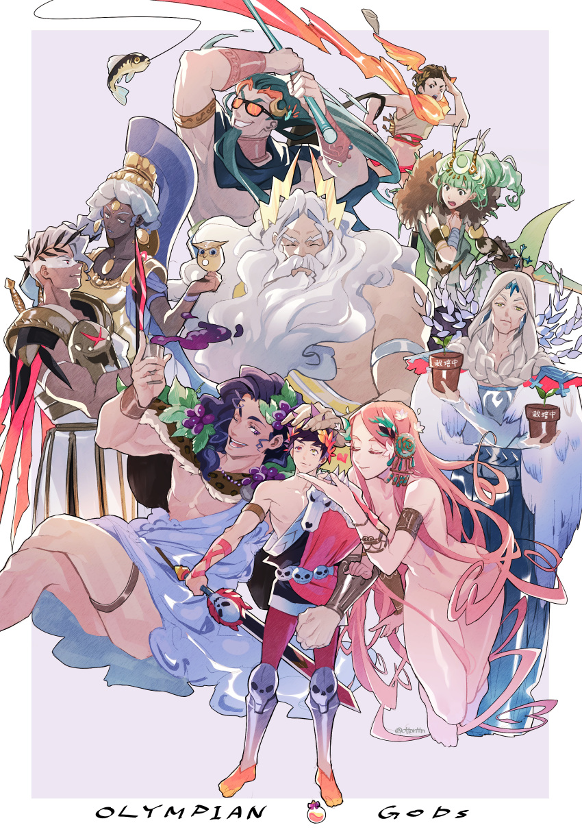 4girls, 6+boys, absurdres, ancient_greek_clothes, aphrodite_(hades), aqua_hair, ares_(hades), armor, artemis_(hades), athena_(hades), bad_id, bad_twitter_id, barefoot, beard, bird, black_hair, blue_eyes, blue_hair, braid, brown_eyes, closed_eyes, convenient_censoring, dark-skinned_female, dark-skinned_male, dark_skin, demeter_(hades), dionysus_(hades), english_text, facial_hair, fish, fishing_rod, food, fruit, grapes, greco-roman_clothes, green_eyes, green_hair, grin, hades_(series), hades_1, hand_on_another's_face, hand_on_another's_head, head_wings, helmet, hermes_(hades), heterochromia, highres, laurel_crown, multiple_boys, multiple_girls, one_eye_closed, orange_scarf, ottonttn, owl, pink_hair, plant, poseidon_(hades), potted_plant, purple_eyes, purple_hair, red_eyes, scarf, single_bare_shoulder, single_braid, skull, smile, sunglasses, sword, weapon, white_hair, wings, zagreus_(hades), zeus_(hades)