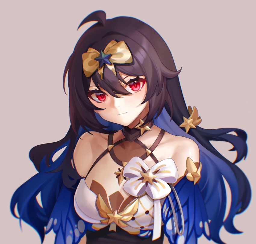 1girl, ahoge, bare_shoulders, black_hair, blue_hair, breasts, cleavage, closed_mouth