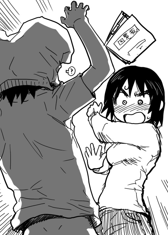 1boy, 1girl, ?, age_difference, ayase_fuuka, blush, bottomless, constricted_pupils, flashing, greyscale, monochrome, mr._koiwai, open_mouth, pantsman, parody, sakaki_imasato, short_hair, sketch, speech_bubble, surprised, sweat, thick_eyebrows, yotsubato!