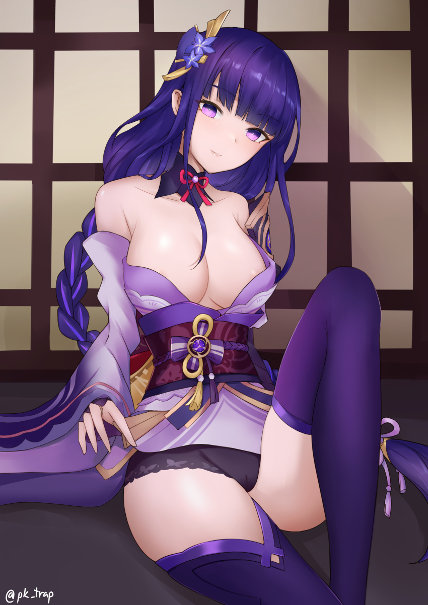 1girl, absurdres, armor, braid, breasts, bridal_gauntlets, cleavage, closed_mouth, commentary, commentary_request, english_commentary, floral_print, flower, genshin_impact, hair_ornament, highres, japanese_clothes, kimono, lace, lace-trimmed_panties, lace_trim, large_breasts, long_hair, long_sleeves, looking_at_viewer, mixed-language_commentary, nail_polish, obi, obiage, obijime, panties, pk_trap, purple_eyes, purple_flower, purple_hair, purple_nails, purple_thighhighs, raiden_shogun, ribbon, sash, shoulder_armor, sitting, smile, solo, tassel, thighhighs, underwear, wide_sleeves